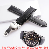 Rolamy 20 22mm Black Genuine Leather Replacement Wrist Watchband Strap Belt Loops Bracelets For Tudor Black Bay 58 Seiko SKX