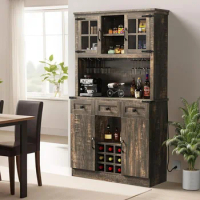 DWVO Farmhouse Bar Cabinet with Power Outlet, 72" Buffet Cabinet with Storage Shelves and 3 Drawers, Liquor Bar Cabinet