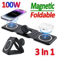 100W 3 in 1 Magnetic Wireless Charger Pad for iPhone 15 14 13 12 Pro Max Airpods iWatch 8 7 Fast Charging Dock Station Chargers