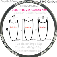 HTG 255° Ultralight 380g 60mm Depth 25mm wide Carbon Road Bike rims 700C Carbon Rims Clincher Tubeless Tubular T800 bicycle rims