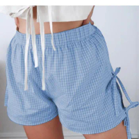 Plaid Shorts Baggy Boxer Shorts For Women Elastic Waist Casual Bottom Gingham Pajama Shorts Sleepwear