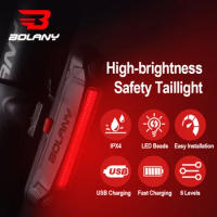 BOLANY Bicycle Light Waterproof LED Charging Cycling Taillight Bike Rear Light Warn Night Riding Safety Bicycle Taillight