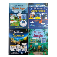 4books Usborne 24 Hours in the Stone Age Space Jungle Antarctica Kids Early Education English Reading Picture Book Hard Cover