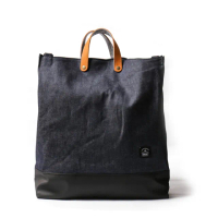 【icleaXbag 點子包】簡約XL號真皮帆布購物袋｜單寧藍(大容量 可拆式背帶 13吋電腦手提包 可放A4文件夾)