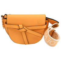【LOEWE 羅威】Gate Dual Mini 翻蓋綁結寬背帶斜背包馬鞍包腰包(黃)