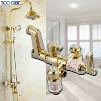 BOCHSBC Gold-plated Shower Set European Style Hot and Cold Water Rainfall Shower Heads Wall Mounted Stainless Steel Shower Head