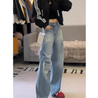 Seluar Jeans Kaki Lurus, Gaya Retro Amerika, untuk Wanita, Ketibaan Baru Musim Bunga, Saiz Besar, Lo