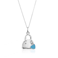 二手品 Tiffany&amp;Co. 藍琺瑯愛心+立體包包墜飾925純銀項鍊
