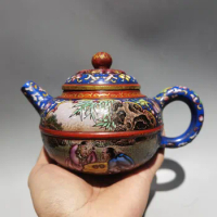 7"Chinese Yixing Purple Clay Pot Pottery Outline in gold Enamel pot Childlike Kettle Red mud Teapot Pot Tea Maker Office