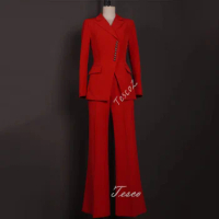 Tesco Fashion Red Women Suit Sets Unique Button Design Blazer And Wide Leg Pants Office Outfits 2 Piece Female Top For New Year
