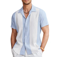 Fashion summer 2024 men's shirt bowling shirt button shirt casual short sleeve color matching lapels street daily men's 6 colors