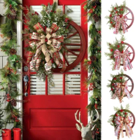 Christmas Wreath Winter Farmhouse Wagon Wheel Red Wooden Wreaths with Ribbon Bow Pine Berry Vintage Wall Hanging Decoration Gift