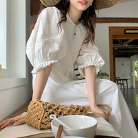 白色泡泡袖連身裙女夏季高級感韓系溫柔風氣質極簡長裙子洋裝