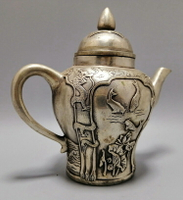 古玩銅器收藏擺件 黃銅白銅鍍銀銅茶水壺 裝飾道具 牡丹公雞茶壺