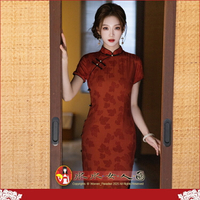 磚紅色復古提花旗袍春夏新款日常可穿改良新中式優雅民國風女連身裙洋裝-香納-水水女人國