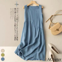 【ACheter】日系寬鬆棉麻圓領純色背心中長版洋裝#113426現貨+預購(3色)