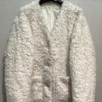 Single Breasted Beige Lambswool Overcoat Winter Jacket Women Clothing Wool Jacket Female Vintage Warm Faux Fur Teddy Coat Female