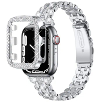 Bling Case+Strap For Apple Watch 7 6 Se Band 41mm 45mm 40mm 44mm 42mm 38mm For iWatch 5 4 3 2 1 Stainless Steel Rhinestone Belt