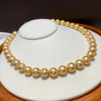 huge Double Strand AAA++ 10-12mm Natural Edison Gold Pearl Neckchain Large Grain Nanyang Thick Gold 14kp yellow gold