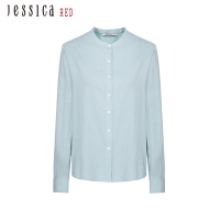 JESSICA RED - 知性舒適透氣亞麻混紡長袖襯衫824133（藍）