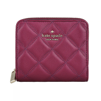 【KATE SPADE】Kate Spade Natalia 經典金屬桃心LOGO菱格設計小牛皮6卡釦式短夾(黑莓紅)