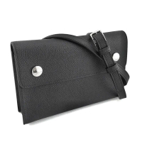 【Hermes 愛馬仕】W刻印-黑色牛皮銀釦 Snap Wallet 斜背皮夾包(展示品)