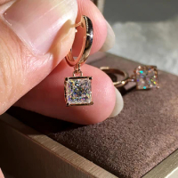 Custom Solid 10K Rose Gold Women Drop Clip Hoop Earrings Moissanite Diamonds Princess Square Wedding Engagement Anniversary