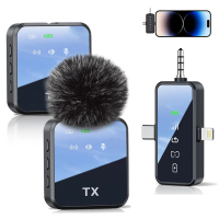 ไมโครโฟน 3 in 1 สำหรับ iPhone/Android/Camera, ไมโครโฟนไร้สาย Lavalier, การส่ง 328 ฟุต, อายุการใช้งาน