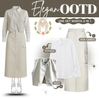 SETELAN Wanita 4in1 Hijab Bella & Vest Kekinian & Kemeja Basic Putih & Rok Cargo Panjang Cream 19A