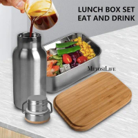 Stainless Steel Lunch Box 27oz with Insulated Flask 12oz Large Meal Prep Bento Box Set with Bamboo Leak Proof Lid for Adults Kid