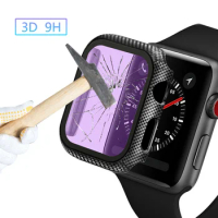 Carbon Fiber + Tempered Glass Case for Apple Watch 5 4 3 2 1 Screen Protector Cover Bumper IWatch Series 44mm 40mm 42mm 38mm
