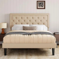 Queen Size Platform Bed Frame/Fabric Upholstered Bed Frame With Adjustable Headboard/Wood Slat Support/Mattress Foundation