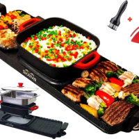 Electric Hot Pot with Grill and Steamer 3 in 1 Detachable Shabu Shabu Hot pot Electric Indoor Korean BBQ Grill, SmokelessA)