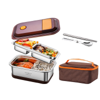 PUSH!餐具廚房用品304不銹鋼雙層分格飯盒餐盒學生上班族便攜可微波爐加熱飯盒E188