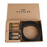 COACH 可拆式皮帶頭雙面荔枝紋牛皮針扣式男士皮帶禮盒(黑x咖啡)