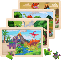 Wooden Puzzles Dinosaur Toys for Kids Ages 3-5 Set of 4 Packs with 20-Piece Wood Jigsaw Puzzles Pres