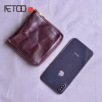 AETOO Vintage men's wallet, leather zipper wallet, short first layer cowhide casual handmade youth pleated wallet