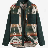 ZAFUL Women's Retro Casual Ethnic Tribal Geometric Print Color Block Shacket Spliced Aztec Jacket