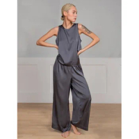 Satin Women's Pajama Set Sleeveless Summer Solid Ladies Sleepwear 2 Pcs with Pant Back Split Silk Pijama Suit for Female