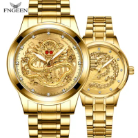FNGEEN Couple Luxury Full Gold Clock Big Dial Dragon Phoenix Waterproof Men Women Luminous Calendar Date Round Quartz Watches