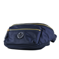 TORY BURCH 皮雕LOGO高密度雙置物尼龍輕量拉鍊腰包-海軍藍