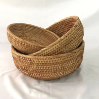3 PCS/Set Handmade Weaving Round Storage Basket Fruit Dish Rattan Bread Basket for Kitchen Food Picnic Bread Sundry Baskets