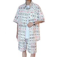 Daily Men Sets Short Sleeve Hawaiian Shirt And Shorts Chinese Mahjong Printing Casual Shirts Beach Two Pieces Suit Fashion Wear