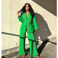 Pleated Women's Pajama Set Flare Sleeve Ladies Sleepwear Green Comfortable Oversize Single Breasted Home Cloth For Female 2024