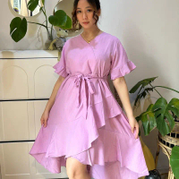 Evara | Dress Korea Kerut / Baju Dress Ibu Hamil Nyaman Feminine Wrap Dress Ruffle V-Neck / Dress Pa