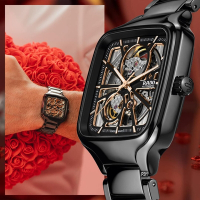 RADO 雷達表 官方授權R01 True Square真方系列全陶瓷鏤空機械腕錶 黑金色款38㎜ (R27086162)