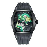 Reef Tiger Men Automatic Watch Luxury Mechanical Wristwatch Tonneau Luminous Waterproof Sapphire Mirror Skeleton Dragon Dial