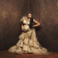 Lush Fluffy Tulle Maternity Dresses V-Neck Extra Puffy Ruffled Pregnancy Gown for Photography