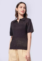 et cetera Open Work Knit Polo Top BLACK
