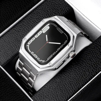 Newest Stainless Steel Watch Case Luxury 40 41 44 45mm Case Cover For Apple watch4 5 6 7 SE Match Metal Three Beads Band Strap